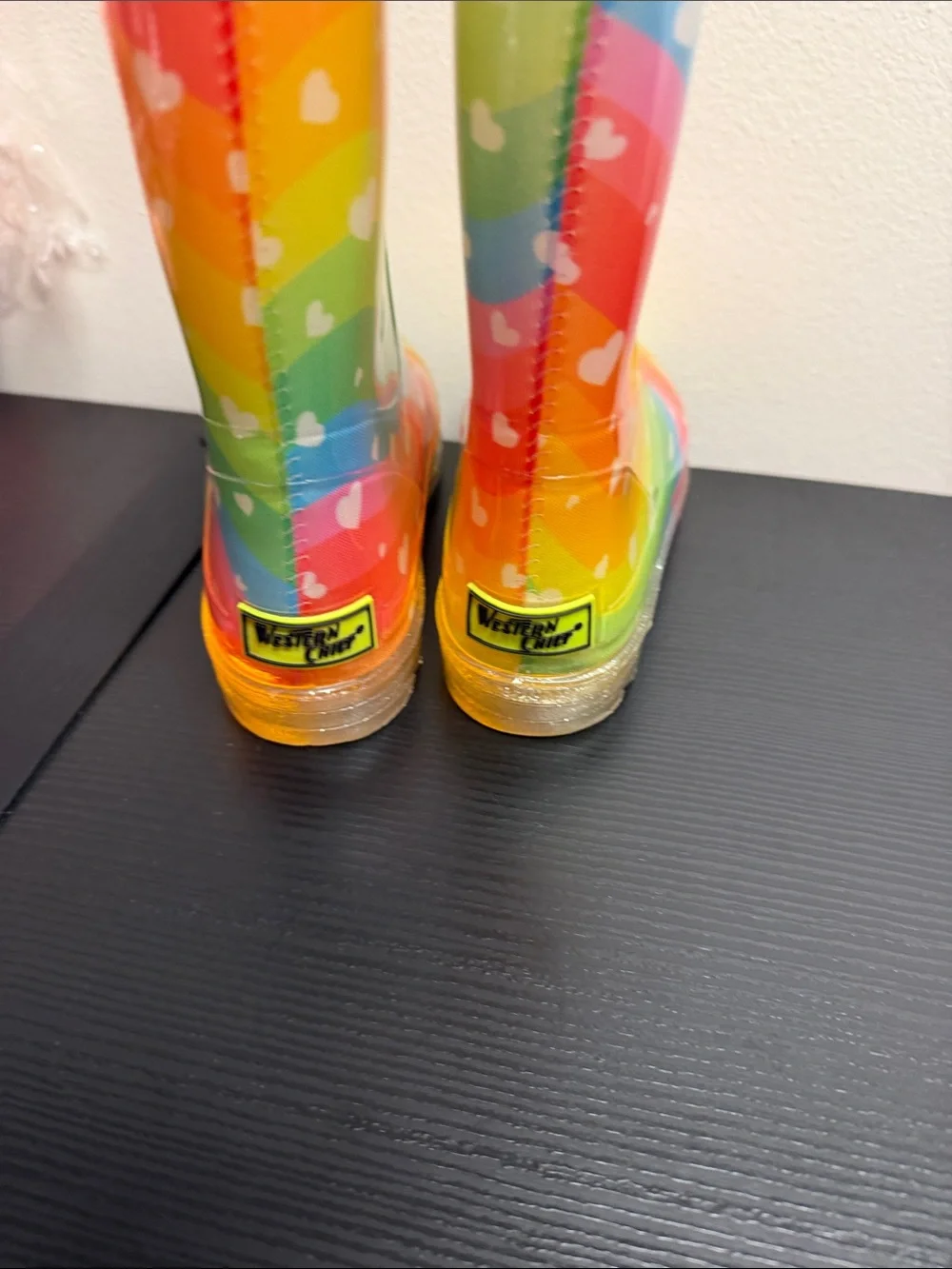 Girls Light Up Rainbow Heart Rain Boots with Glitter Heart Pulls